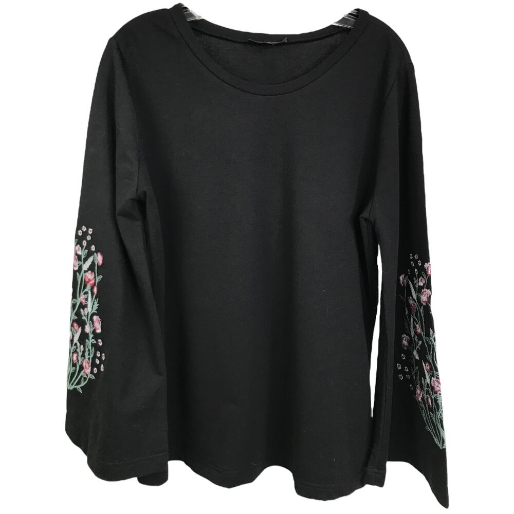 DG2 Diane Gilman Long Sleeve Top Womens M Black‎ Embroidered Floral Bell Sleeve